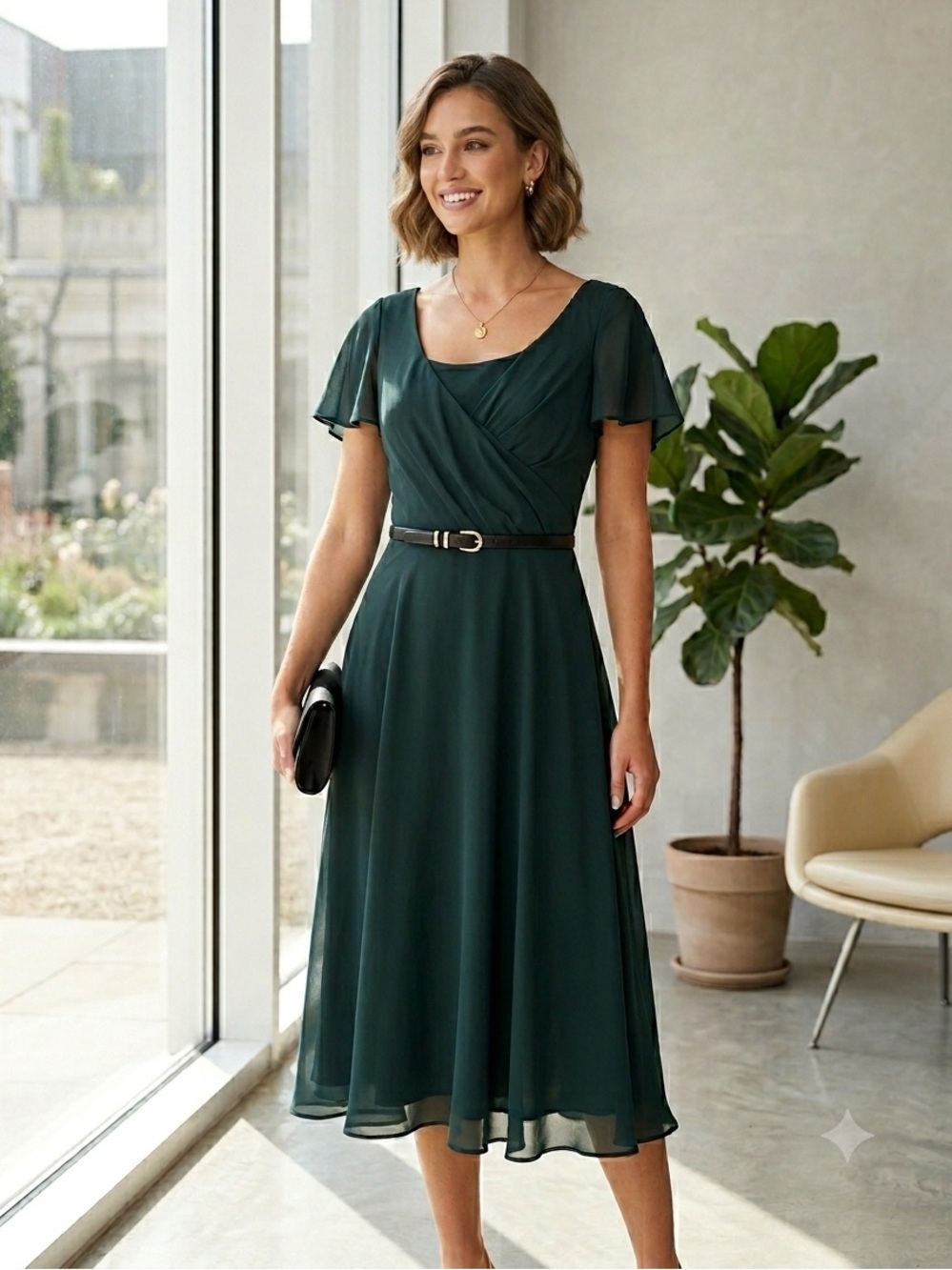 Vintage Jacques Vert forest green flowy midi wrap dress - size 8 (Medium)